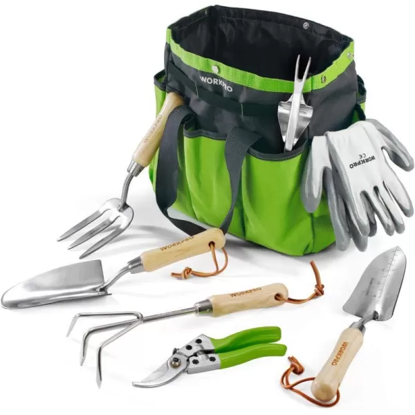 WORKPRO Garden Tools Set 7 Piece Stainless Steel Heavy Duty Gardening Tools with Wooden Handle Including Garden Tote Gloves Trowel Hand Weeder Cultivator and MoreGardening Gifts For Women MenGreen