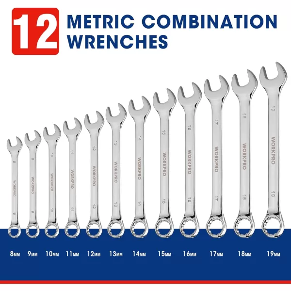 WORKPRO 12Piece Combination Wrench Set Metric 819mm Premium CrV Wrench Sets 12PT Mirror Polish Chrome Plating with Organization BagMetric