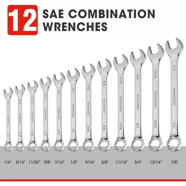 WORKPRO 12Piece Combination Wrench Set Metric 819mm Premium CrV Wrench Sets 12PT Mirror Polish Chrome Plating with Organization BagSAE