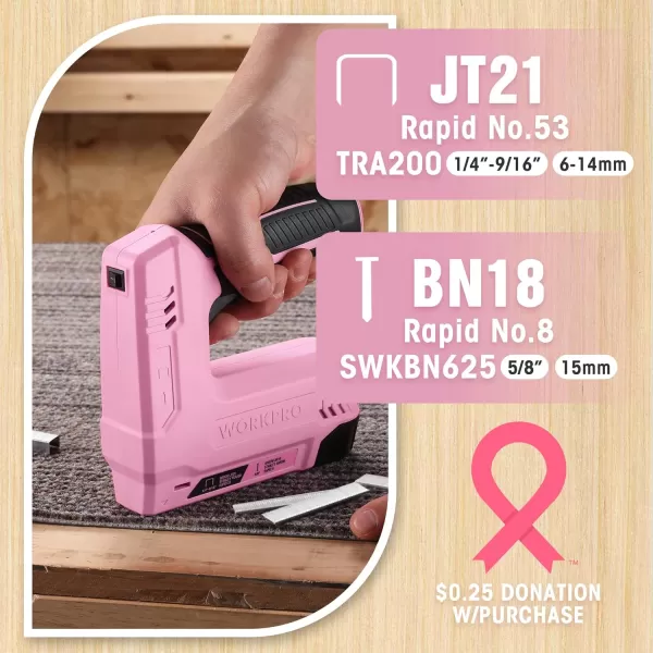 WORKPRO 36V Power Electric Cordless 2in1 Staple and Nail Gun 20Ah Battery Powered Stapler for Upholstery Carpentry Crafts DIY Including USB Charger Cable 2000PCS of Staples and Nails PinkPink