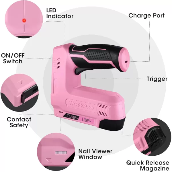 WORKPRO 36V Power Electric Cordless 2in1 Staple and Nail Gun 20Ah Battery Powered Stapler for Upholstery Carpentry Crafts DIY Including USB Charger Cable 2000PCS of Staples and Nails PinkPink