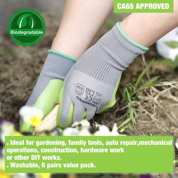 WORKPRO 6 Pairs Garden Gloves Work Glove with Eco Latex Palm Coated Working Gloves for Weeding Digging Raking and PruningMMedium Pack of 12