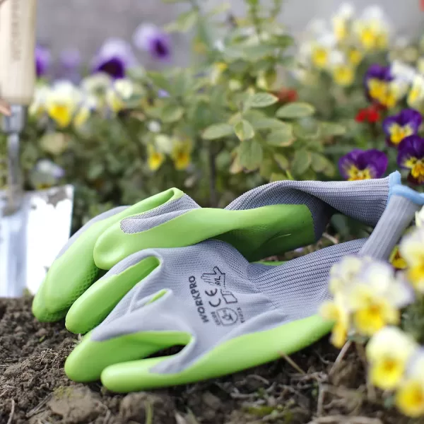 WORKPRO 6 Pairs Garden Gloves Work Glove with Eco Latex Palm Coated Working Gloves for Weeding Digging Raking and PruningMMedium Pack of 12