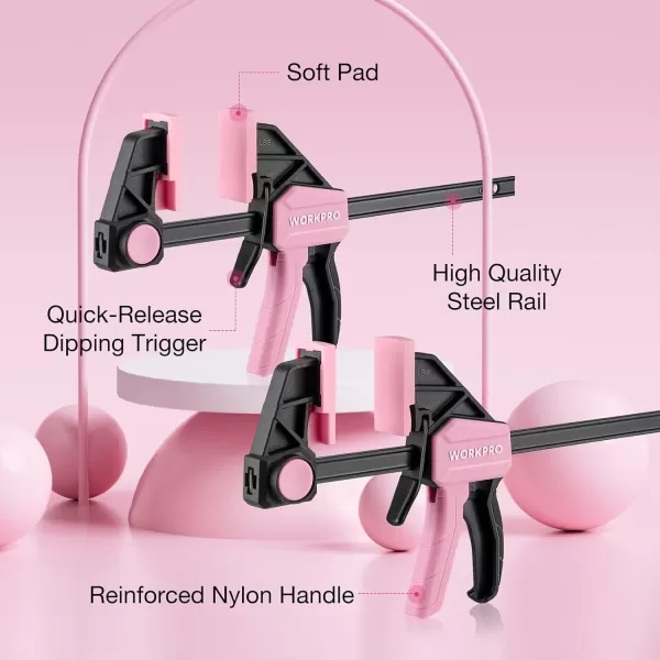 WORKPRO Bar Clamps for Woodworking 6Pack OneHanded ClampSpreader 6Inch 4 and 12Inch 2 Wood Clamps Set LightDuty QuickChange F Clamp with 150 lbs Load Limit BluePink