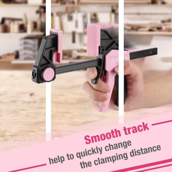 WORKPRO Bar Clamps for Woodworking 6Pack OneHanded ClampSpreader 6Inch 4 and 12Inch 2 Wood Clamps Set LightDuty QuickChange F Clamp with 150 lbs Load Limit BluePink
