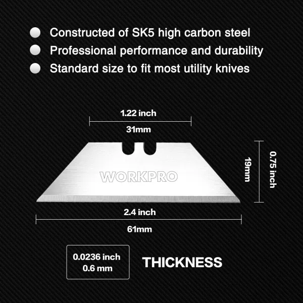 WORKPRO Utility Knife Blades SK5 Steel 100Pack with Dispenser50 Pack