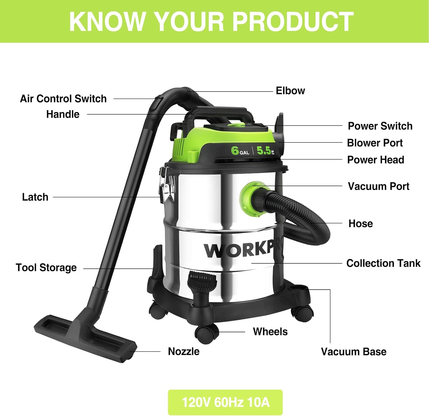 WORKPRO 6 Gallon WetDry Shop Vacuum 55 Peak HP Shop Vac Cleaner with HEPA Filter Hose and Accessories for HomeJobsite Dust Collection