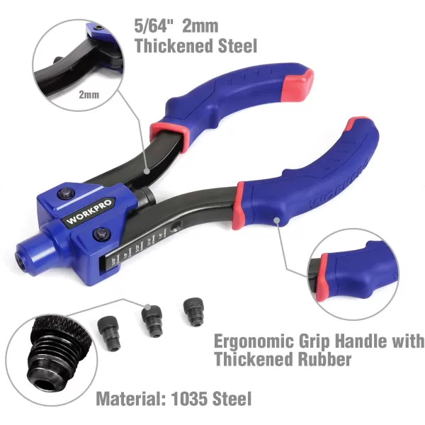 WORKPRO 10Inch Pop Rivet Gun Heavy Duty Riveter with 3 Interchangeable Heads 3 Nosepieces and 100pcs Rivets 5in1 Hand Riveter Set for Metal Plastic Repairing Truck Bed Fixing Highway SignWORKPRO 10Inch Pop Rivet Gun Heavy Duty Riveter with 3 Interchangeable Heads 3 Nosepieces and 100pcs Rivets 5in1 Hand Riveter Set for Metal Plastic Repairing Truck Bed Fixing Highway Sign