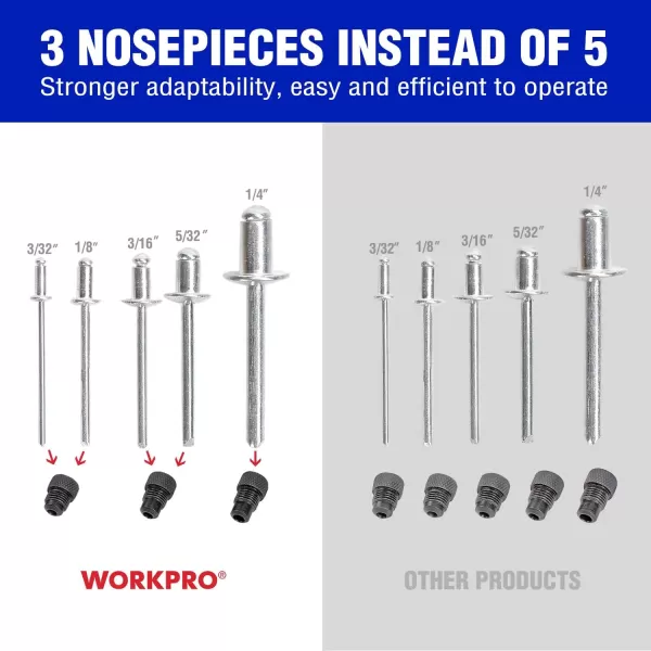 WORKPRO 10Inch Pop Rivet Gun Heavy Duty Riveter with 3 Interchangeable Heads 3 Nosepieces and 100pcs Rivets 5in1 Hand Riveter Set for Metal Plastic Repairing Truck Bed Fixing Highway SignWORKPRO 10Inch Pop Rivet Gun Heavy Duty Riveter with 3 Interchangeable Heads 3 Nosepieces and 100pcs Rivets 5in1 Hand Riveter Set for Metal Plastic Repairing Truck Bed Fixing Highway Sign