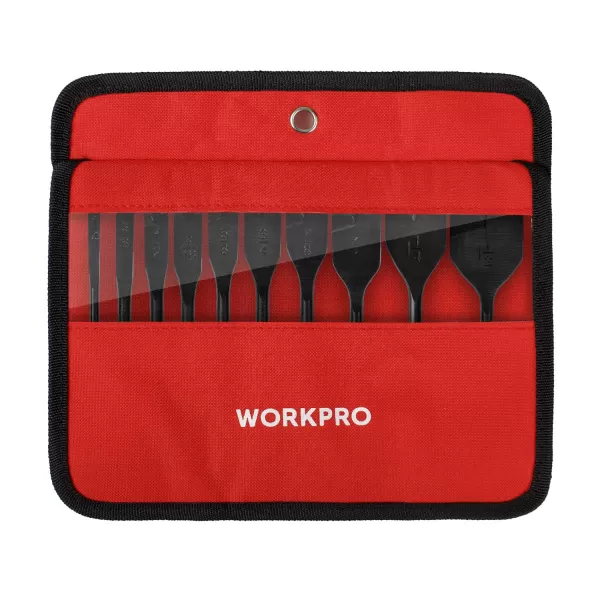 WORKPRO 10Piece Pro Spade Drill Bit Set Black Coating Premium Carbon Steel Paddle Flat Bits for Woodworking Assorted Bits 14 to 112 with Storage CaseHighCarbon Steel