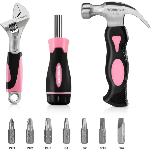 WORKPRO 10piece Pink Tool Kit Household Tools Set with Screwdriver Bits Holder Set Adjustable Wrench and Stubby Claw HammerPink RibbonWORKPRO 10piece Pink Tool Kit Household Tools Set with Screwdriver Bits Holder Set Adjustable Wrench and Stubby Claw HammerPink Ribbon