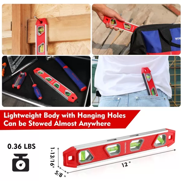WORKPRO 12 Inch Torpedo Level Magnetic Small Leveler Tool Plumbing Level with Pitch Vial Aluminum Reinforced 4 Bubbles VGroove for Conduit Bending12 Inch Red