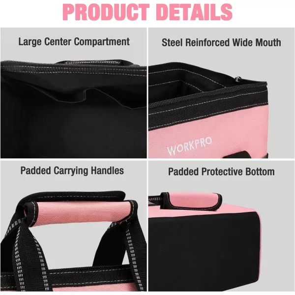 WORKPRO 13inch Tool Bag Wide Mouth Tool Tote Bag with Inside Pockets for Tool StoragePink