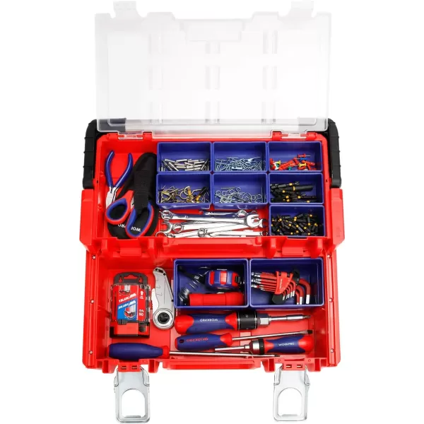 WORKPRO 17inch Plastic Tool Box Red Storage Box with Locking Lid and Stainless Steel Handle 18 Adjustable Compartments for Sockets Crafts and Power ToolsWORKPRO 17inch Plastic Tool Box Red Storage Box with Locking Lid and Stainless Steel Handle 18 Adjustable Compartments for Sockets Crafts and Power Tools