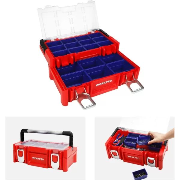 WORKPRO 17inch Plastic Tool Box Red Storage Box with Locking Lid and Stainless Steel Handle 18 Adjustable Compartments for Sockets Crafts and Power ToolsWORKPRO 17inch Plastic Tool Box Red Storage Box with Locking Lid and Stainless Steel Handle 18 Adjustable Compartments for Sockets Crafts and Power Tools