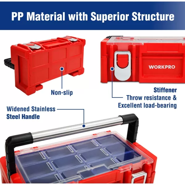 WORKPRO 17inch Plastic Tool Box Red Storage Box with Locking Lid and Stainless Steel Handle 18 Adjustable Compartments for Sockets Crafts and Power ToolsWORKPRO 17inch Plastic Tool Box Red Storage Box with Locking Lid and Stainless Steel Handle 18 Adjustable Compartments for Sockets Crafts and Power Tools