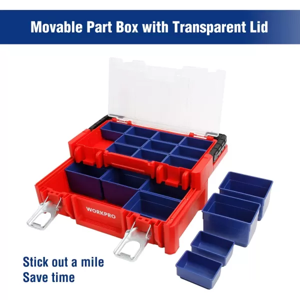 WORKPRO 17inch Plastic Tool Box Red Storage Box with Locking Lid and Stainless Steel Handle 18 Adjustable Compartments for Sockets Crafts and Power ToolsWORKPRO 17inch Plastic Tool Box Red Storage Box with Locking Lid and Stainless Steel Handle 18 Adjustable Compartments for Sockets Crafts and Power Tools