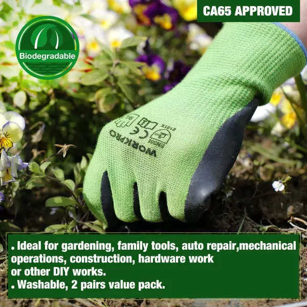 WORKPRO 2 Pairs Garden Gloves Working Gloves with Eco Latex Palm Coated Works Gloves with Touchscreen for Weeding Digging Raking and PruningMLarge Pack of 4