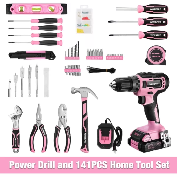 WORKPRO 20V Pink Cordless Drill Driver and Home Tool Set 141PCS Hand Tool Kit for DIY Home Maintenance 20 Ah Liion Battery 1 Hour Fast Charger and Tool Box Included  Pink RibbonWORKPRO 20V Pink Cordless Drill Driver and Home Tool Set 141PCS Hand Tool Kit for DIY Home Maintenance 20 Ah Liion Battery 1 Hour Fast Charger and Tool Box Included  Pink Ribbon