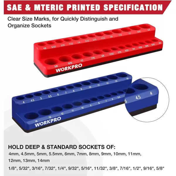 WORKPRO 38inch Magnetic Socket Organizer Set 2Piece SAE amp Metric Socket Holders Holds 56 Standard and Deep Sockets for Tool Box Tool Carts Sockets Not Included14 SAEampMetric