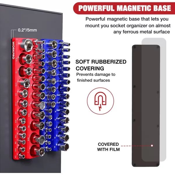 WORKPRO 38inch Magnetic Socket Organizer Set 2Piece SAE amp Metric Socket Holders Holds 56 Standard and Deep Sockets for Tool Box Tool Carts Sockets Not Included38 SAEampMetric