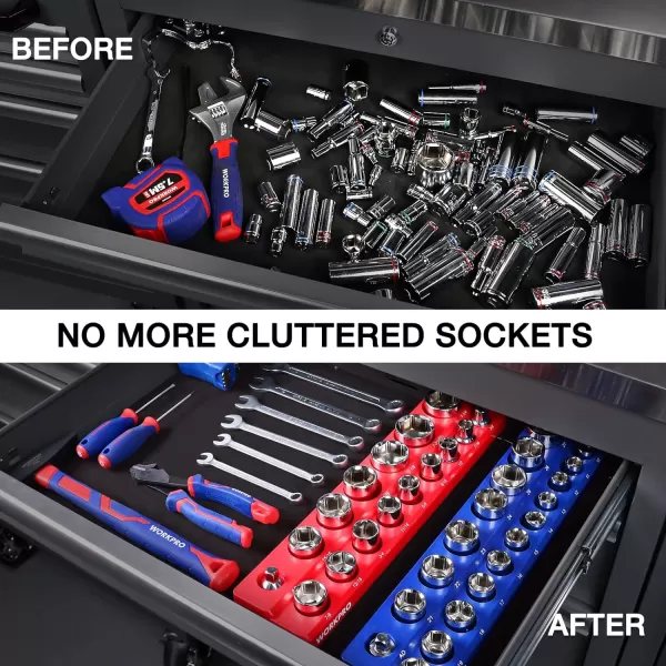WORKPRO 38inch Magnetic Socket Organizer Set 2Piece SAE amp Metric Socket Holders Holds 56 Standard and Deep Sockets for Tool Box Tool Carts Sockets Not Included12 SAEampMetric