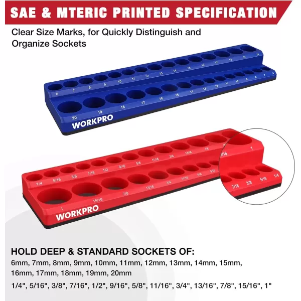 WORKPRO 38inch Magnetic Socket Organizer Set 2Piece SAE amp Metric Socket Holders Holds 56 Standard and Deep Sockets for Tool Box Tool Carts Sockets Not Included38 SAEampMetric