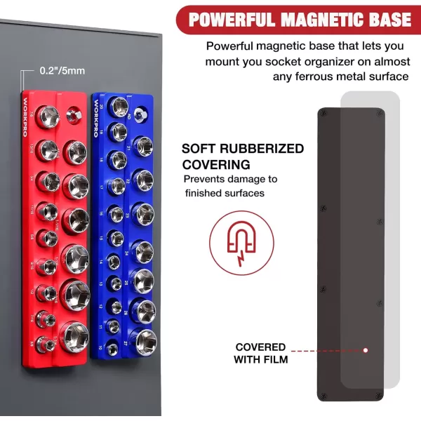 WORKPRO 38inch Magnetic Socket Organizer Set 2Piece SAE amp Metric Socket Holders Holds 56 Standard and Deep Sockets for Tool Box Tool Carts Sockets Not Included12 SAEampMetric