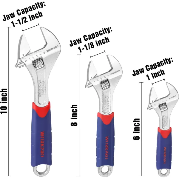 WORKPRO 3piece Adjustable Wrench Set CRV with Rubberized AntiSlip Grips 6inch 8inch 10inchWORKPRO 3piece Adjustable Wrench Set CRV with Rubberized AntiSlip Grips 6inch 8inch 10inch