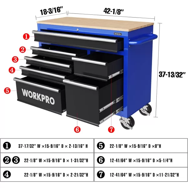 WORKPRO 42Inch 7Drawers Rolling Tool Chest Mobile Tool Storage Cabinet with Wooden Top Equipped with Casters Handle Drawer Liner and Locking System 1000 lbs Load Capacity42 inch