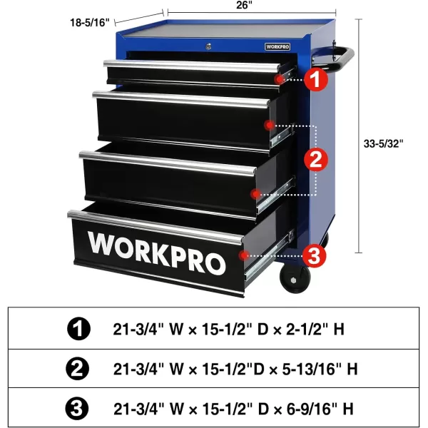 WORKPRO 42Inch 7Drawers Rolling Tool Chest Mobile Tool Storage Cabinet with Wooden Top Equipped with Casters Handle Drawer Liner and Locking System 1000 lbs Load Capacity26 inch