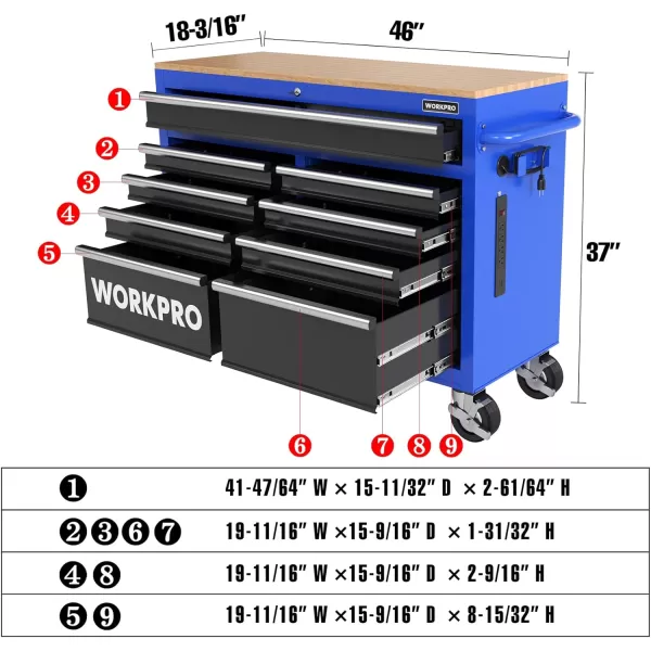 WORKPRO 42Inch 7Drawers Rolling Tool Chest Mobile Tool Storage Cabinet with Wooden Top Equipped with Casters Handle Drawer Liner and Locking System 1000 lbs Load Capacity46 inch