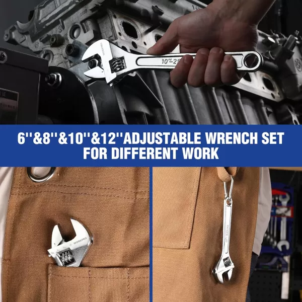 WORKPRO 4piece Adjustable Wrench Set Forged Heat Treated Chromeplated 6inch 8inch 10inch 12inchWORKPRO 4piece Adjustable Wrench Set Forged Heat Treated Chromeplated 6inch 8inch 10inch 12inch