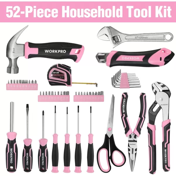 WORKPRO 52Piece Pink Tools Set Household Tool Kit with Storage Toolbox Basic Tool Set for Home Garage Apartment Dorm New House Back to School and as a Gift  Pink RibbonWORKPRO 52Piece Pink Tools Set Household Tool Kit with Storage Toolbox Basic Tool Set for Home Garage Apartment Dorm New House Back to School and as a Gift  Pink Ribbon