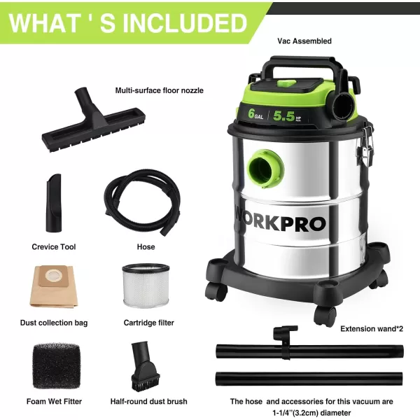 WORKPRO 6 Gallon WetDry Shop Vacuum 55 Peak HP Shop Vac Cleaner with HEPA Filter Hose and Accessories for HomeJobsite Dust Collection