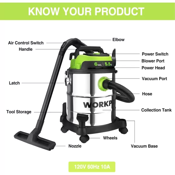 WORKPRO 6 Gallon WetDry Shop Vacuum 55 Peak HP Shop Vac Cleaner with HEPA Filter Hose and Accessories for HomeJobsite Dust Collection