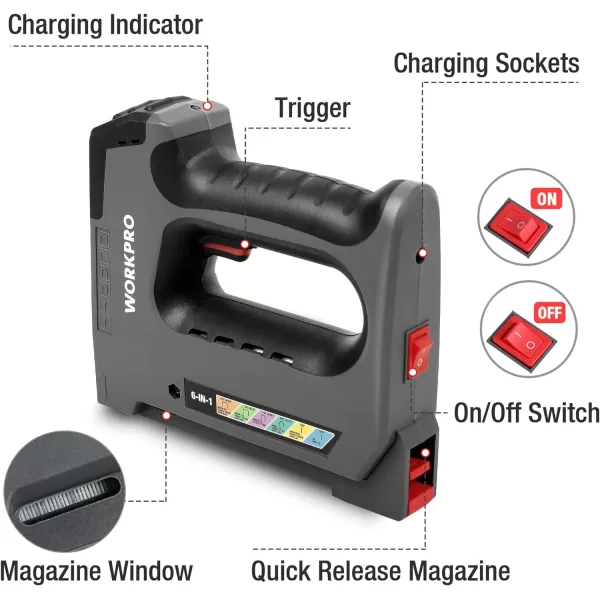 WORKPRO 6 in 1 Cordless Staple Gun 36V Rechargeable Electric Stapler Charger Included Staples ExcludedWORKPRO 6 in 1 Cordless Staple Gun 36V Rechargeable Electric Stapler Charger Included Staples Excluded