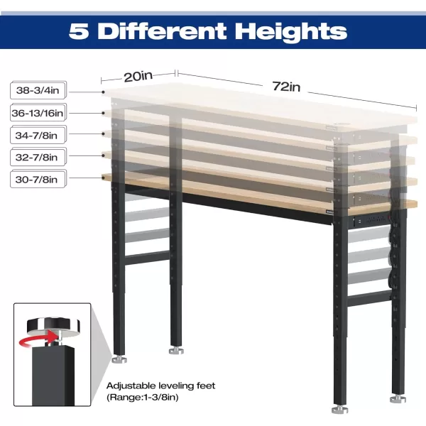 WORKPRO 60 Adjustable Workbench Rubber Wood Top HeavyDuty Workstation 2000 LBS Load Capacity Hardwood Worktable with Power Outlets for Workshop Garage Office Home6FT workbench