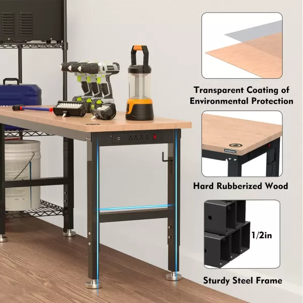 WORKPRO 60 Adjustable Workbench Rubber Wood Top HeavyDuty Workstation 2000 LBS Load Capacity Hardwood Worktable with Power Outlets for Workshop Garage Office Home5FT workbench