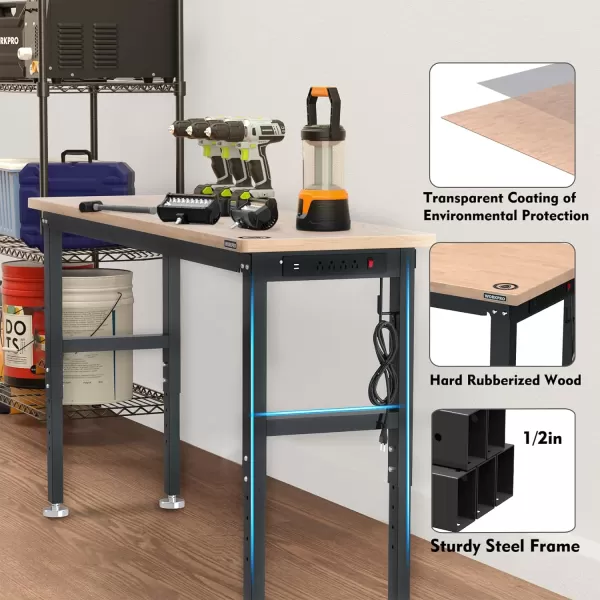WORKPRO 60 Adjustable Workbench Rubber Wood Top HeavyDuty Workstation 2000 LBS Load Capacity Hardwood Worktable with Power Outlets for Workshop Garage Office Home6FT workbench