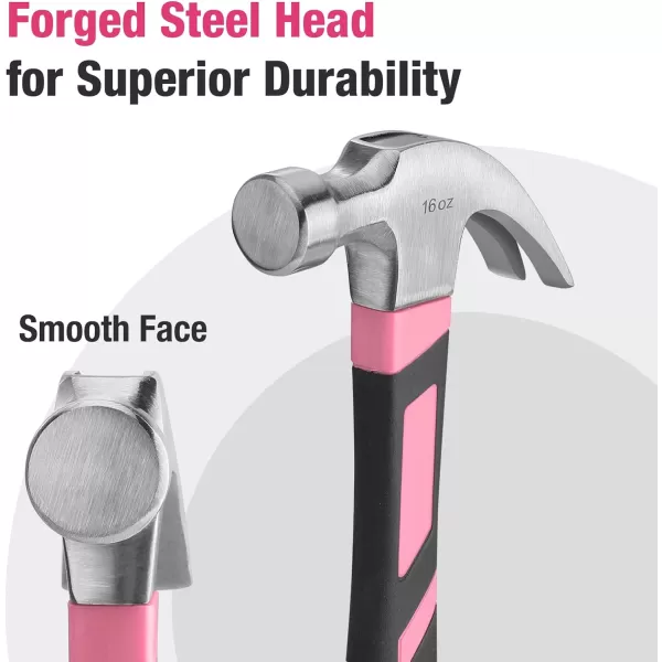 WORKPRO 8 oz Claw Hammer with Fiberglass Handle All Purpose Hammer with Forged Hardened Steel Head Smooth Face amp Shock Reduction Grip  Pink Ribbon16oz