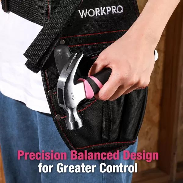WORKPRO 8 oz Claw Hammer with Fiberglass Handle All Purpose Hammer with Forged Hardened Steel Head Smooth Face amp Shock Reduction Grip  Pink Ribbon8oz