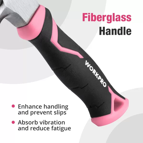 WORKPRO 8 oz Claw Hammer with Fiberglass Handle All Purpose Hammer with Forged Hardened Steel Head Smooth Face amp Shock Reduction Grip  Pink Ribbon8oz