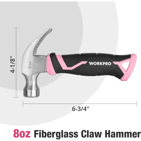WORKPRO 8 oz Claw Hammer with Fiberglass Handle All Purpose Hammer with Forged Hardened Steel Head Smooth Face amp Shock Reduction Grip  Pink Ribbon8oz