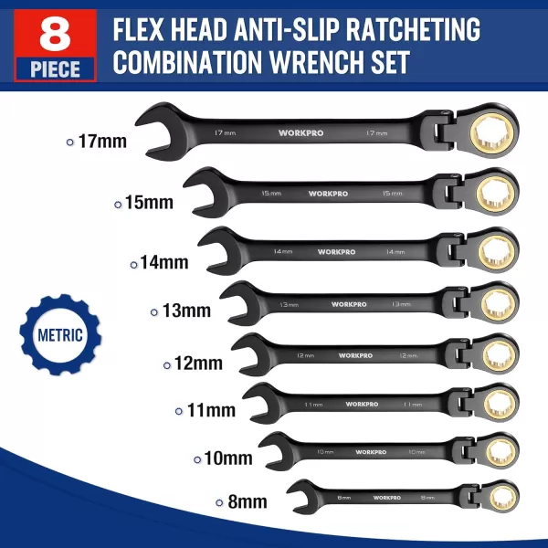 WORKPRO 8piece FlexHead Ratcheting Combination Wrench Set Metric 917 mm 72Teeth CrV Constructed Nickel Plating with Organization BagMetric AntiSlip Tooth