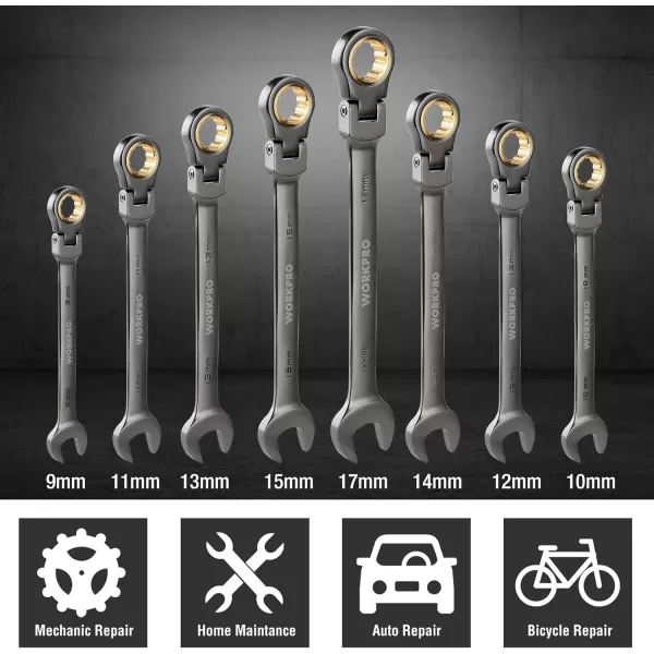 WORKPRO 8piece FlexHead Ratcheting Combination Wrench Set Metric 917 mm 72Teeth CrV Constructed Nickel Plating with Organization BagMetric Regular amp Nickel Plating