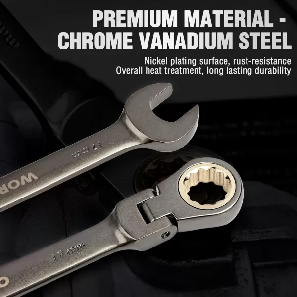 WORKPRO 8piece FlexHead Ratcheting Combination Wrench Set Metric 917 mm 72Teeth CrV Constructed Nickel Plating with Organization BagMetric Regular amp Nickel Plating