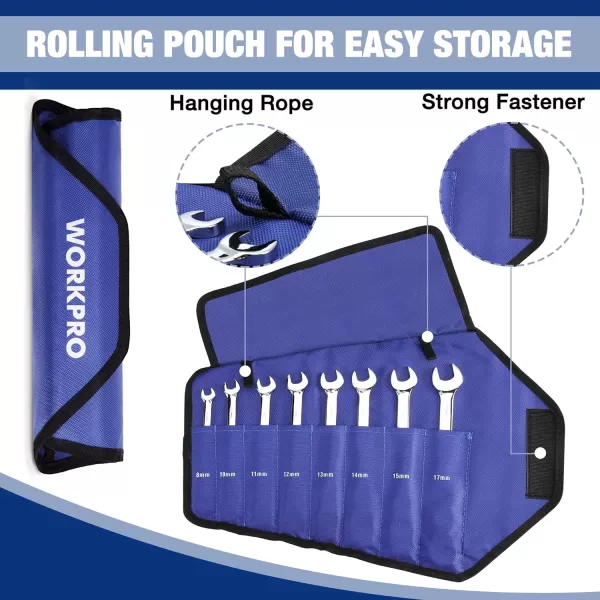 WORKPRO 8piece FlexHead Ratcheting Combination Wrench Set Metric 917 mm 72Teeth CrV Constructed Nickel Plating with Organization BagMetric Regular amp Mirror Polished