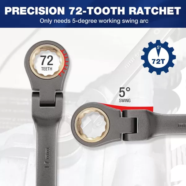 WORKPRO 8piece FlexHead Ratcheting Combination Wrench Set Metric 917 mm 72Teeth CrV Constructed Nickel Plating with Organization BagMetric Regular amp Nickel Plating