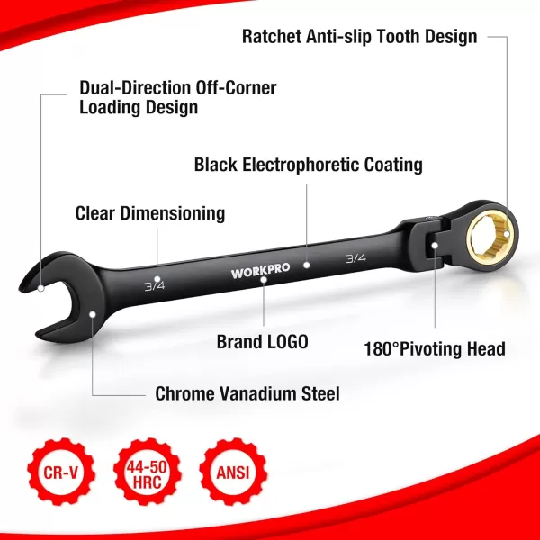 WORKPRO 8piece FlexHead Ratcheting Combination Wrench Set Metric 917 mm 72Teeth CrV Constructed Nickel Plating with Organization BagSAE AntiSlip Tooth